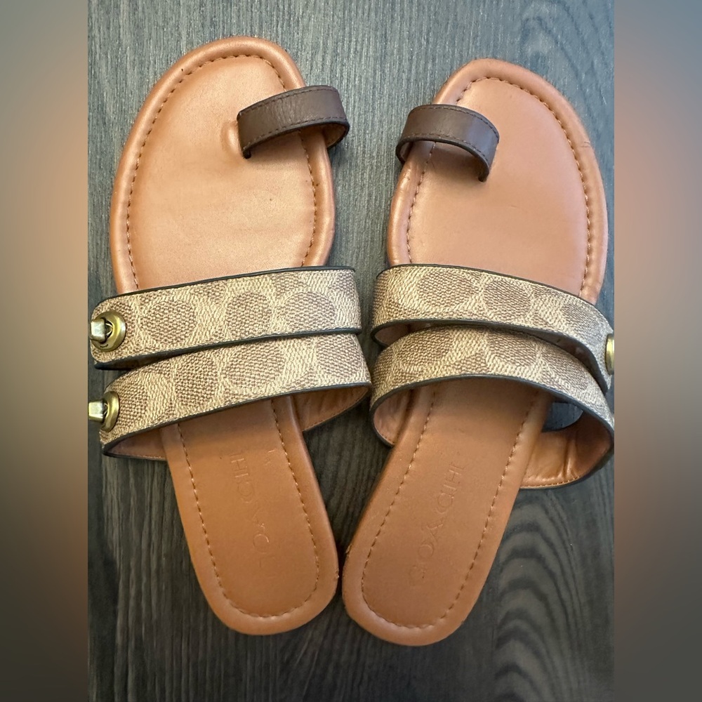 Coach Brown and Tan Slide Sandals